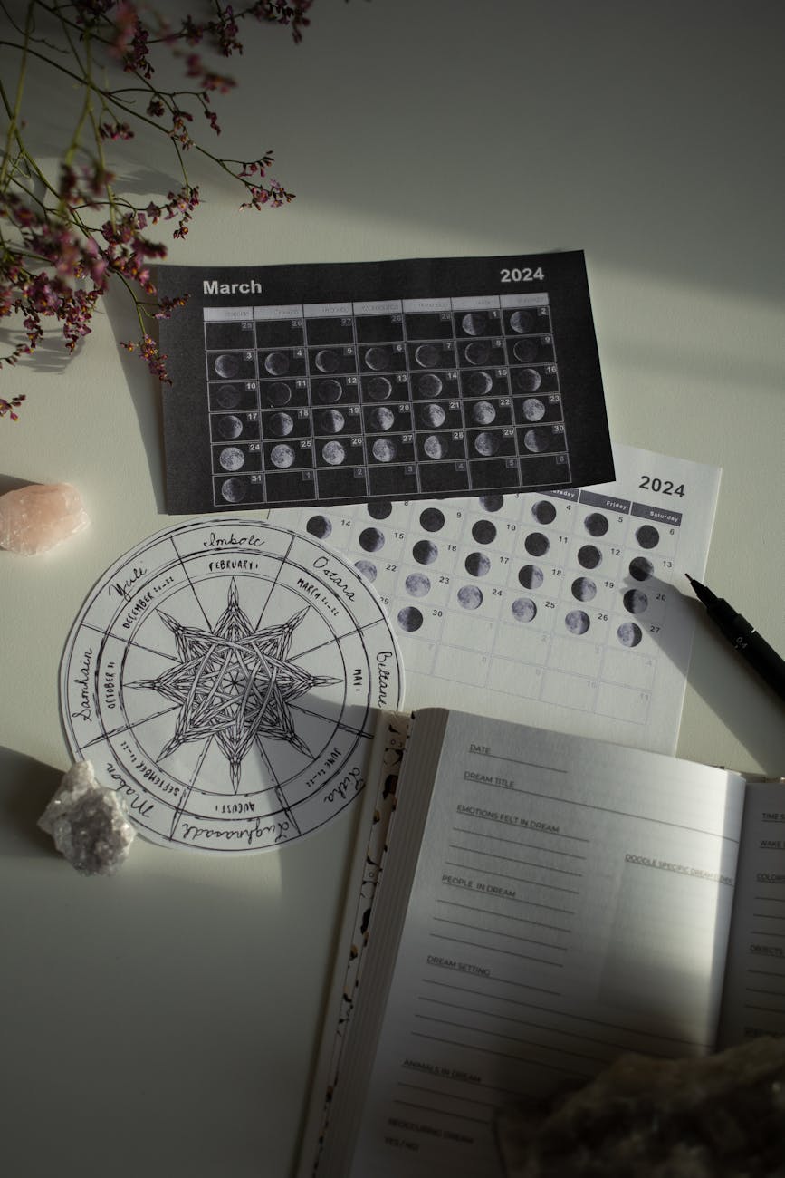 wheel of year and calendar on white desk